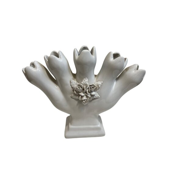 Vintage ELPA Portugal Alcobaça White Ceramic Multi-Tulip Vase With Rose Accents - Picture 1 of 6